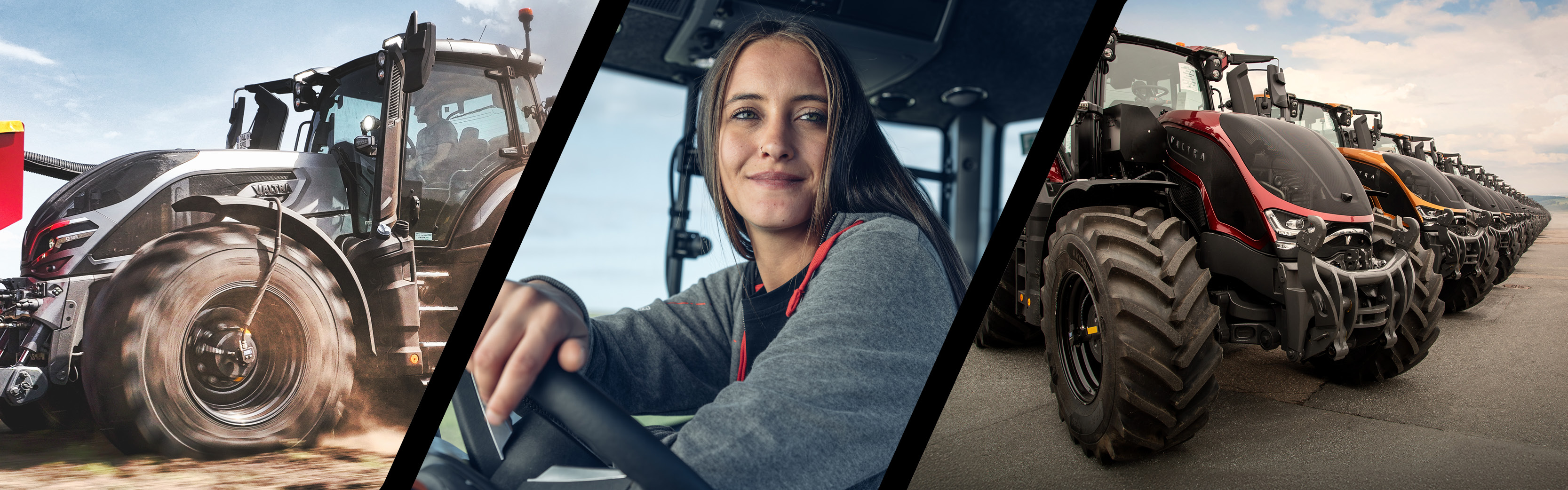 A Valtra Q Series with Valtra Unlimited Central Tyre Inflation System, a Valtra driver sitting in her Valtra S Series, and a line of multicoloured Valtra S Series tractors