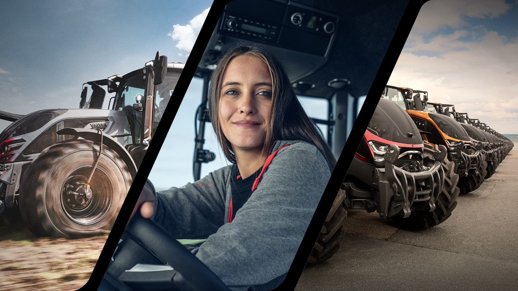 A Valtra Q Series with Valtra Unlimited Central Tyre Inflation System, a Valtra driver sitting in her Valtra S Series, and a line of multicoloured Valtra S Series tractors