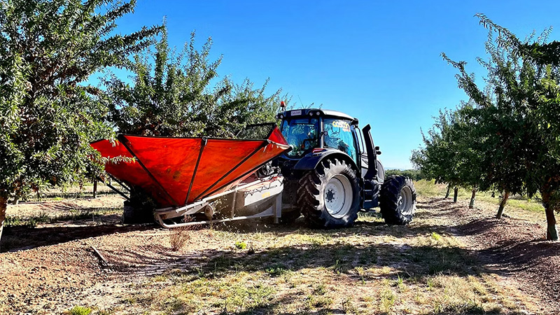 The Valtra N155 with the TwinTrac reverse drive system operated an umbrella harvester for almonds. The harvested almonds were unloaded onto a trailer.